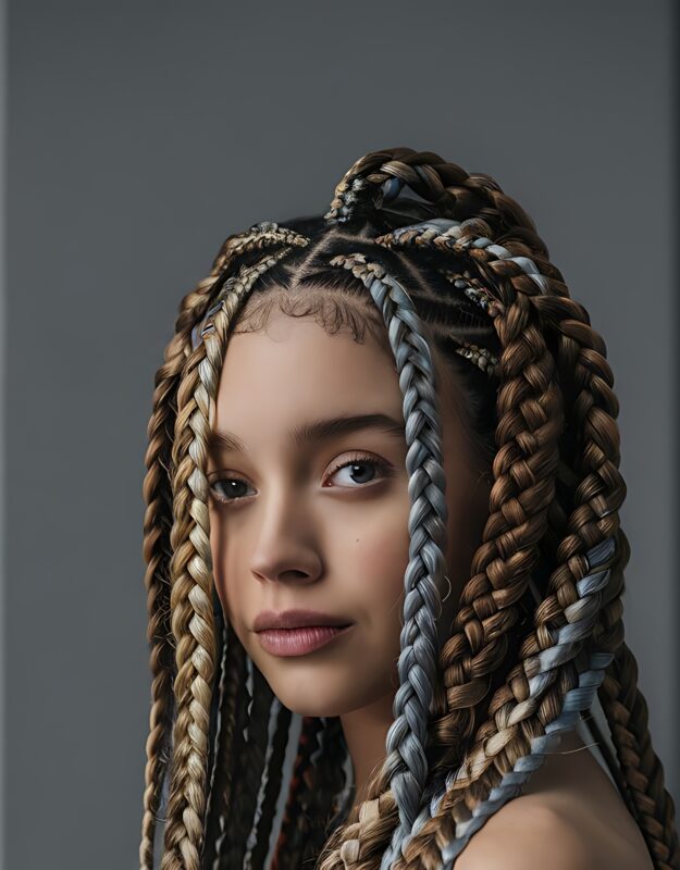dame mit braids box mit mischung aus schwarz und grau