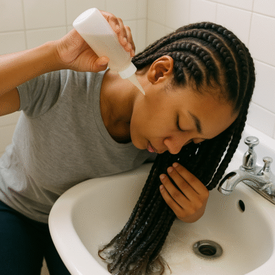 einer Person, die Braids wäscht über dem Waschbecken mit Applikatorflasche