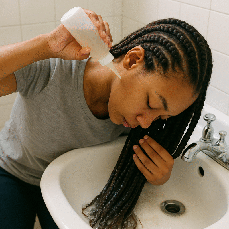 einer Person, die Braids wäscht über dem Waschbecken mit Applikatorflasche